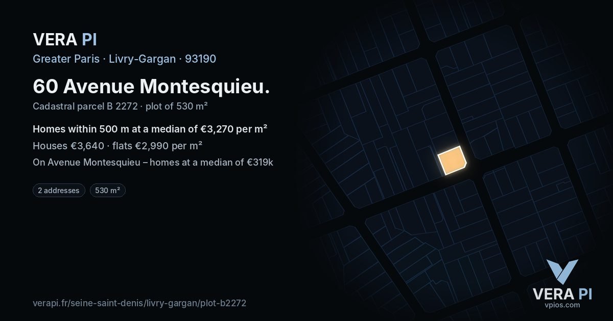 60 Avenue Montesquieu, Livry-Gargan at night – the plot lit, the parcels around coloured by the prices near them