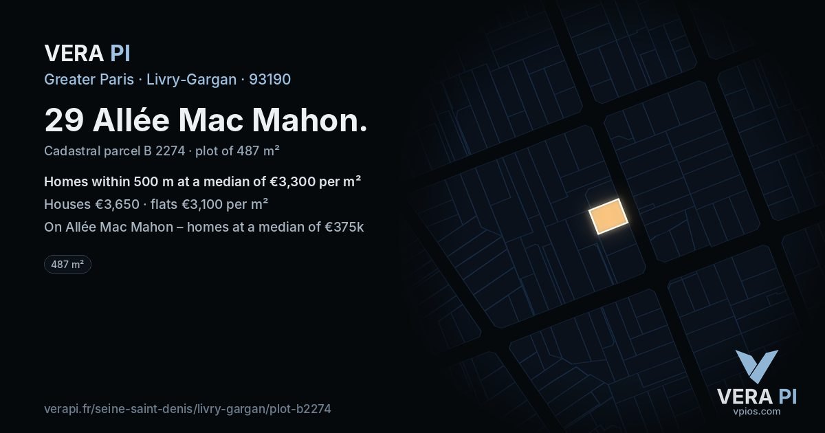 29 Allée Mac Mahon, Livry-Gargan at night – the plot lit, the parcels around coloured by the prices near them