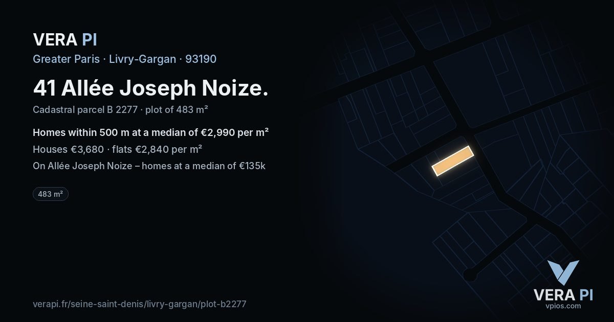 41 Allée Joseph Noize, Livry-Gargan at night – the plot lit, the parcels around coloured by the prices near them
