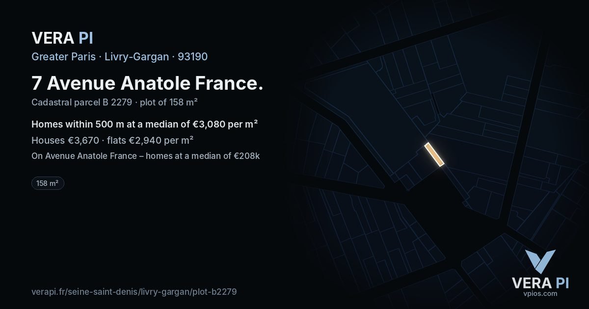 7 Avenue Anatole France, Livry-Gargan at night – the plot lit, the parcels around coloured by the prices near them