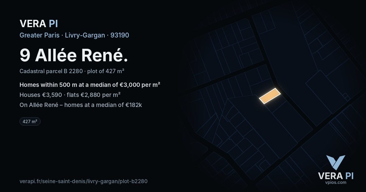 9 Allée René, Livry-Gargan at night – the plot lit, the parcels around coloured by the prices near them