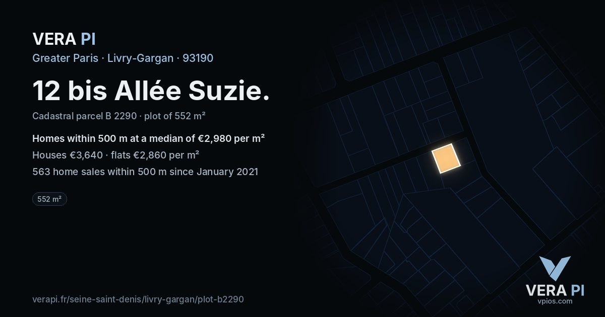 12 bis Allée Suzie, Livry-Gargan at night – the plot lit, the parcels around coloured by the prices near them