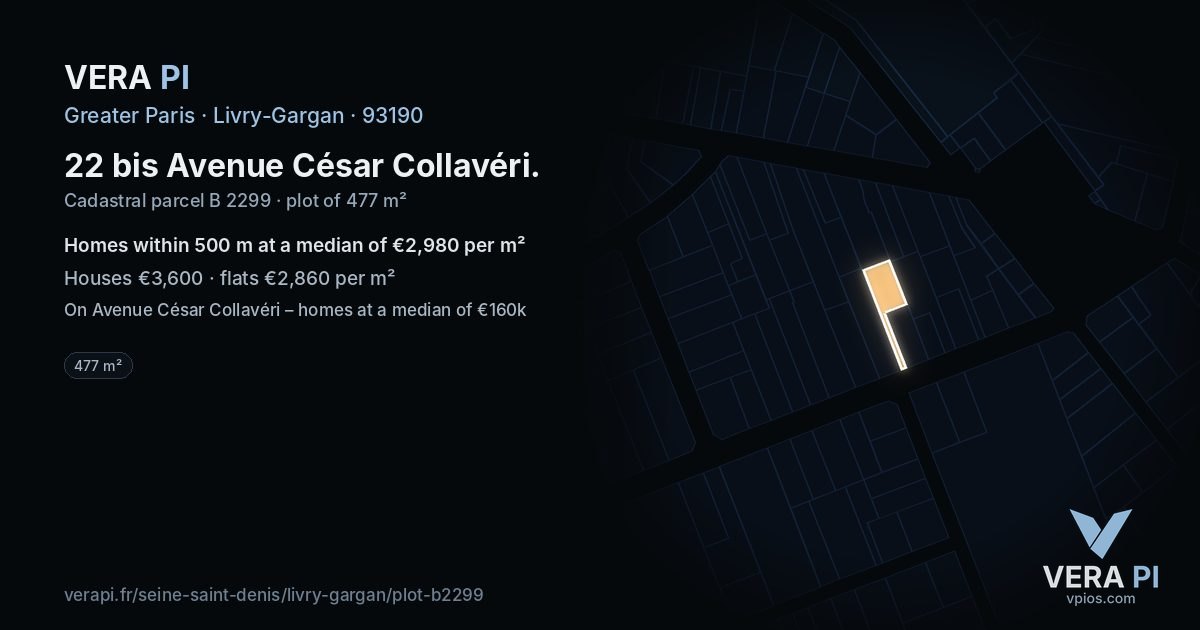 22 bis Avenue César Collavéri, Livry-Gargan at night – the plot lit, the parcels around coloured by the prices near them