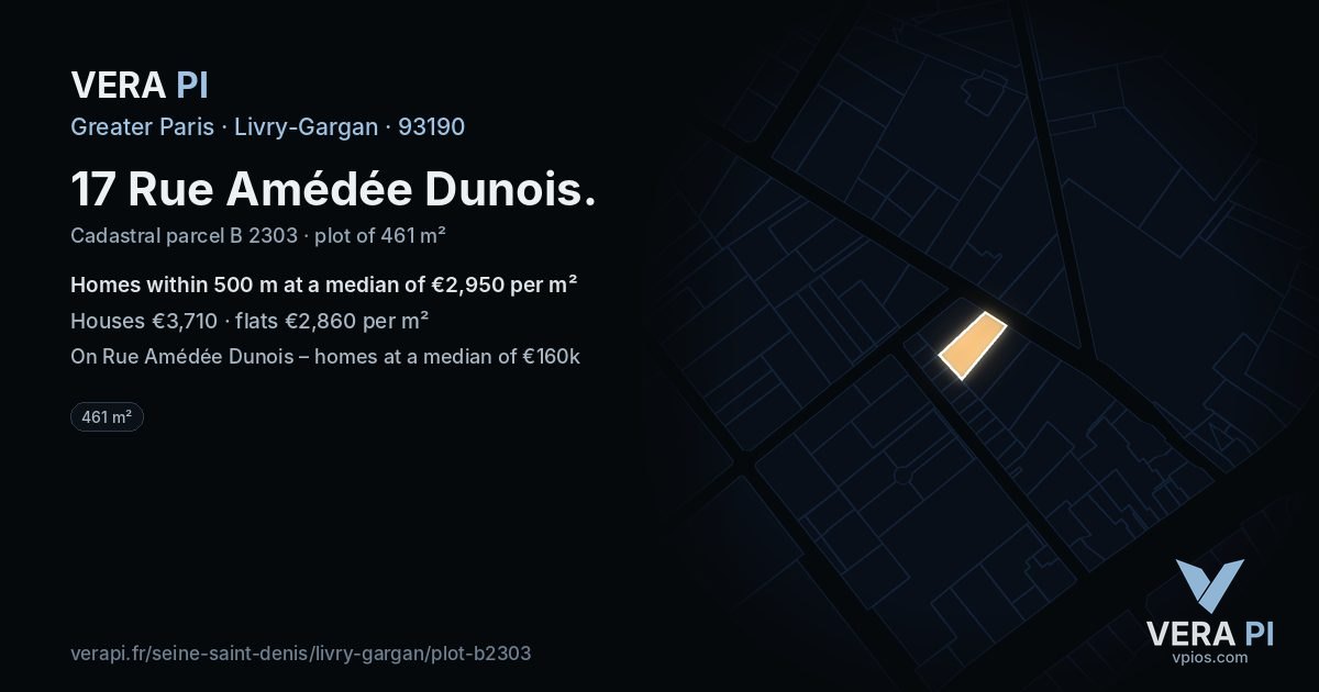 17 Rue Amédée Dunois, Livry-Gargan at night – the plot lit, the parcels around coloured by the prices near them