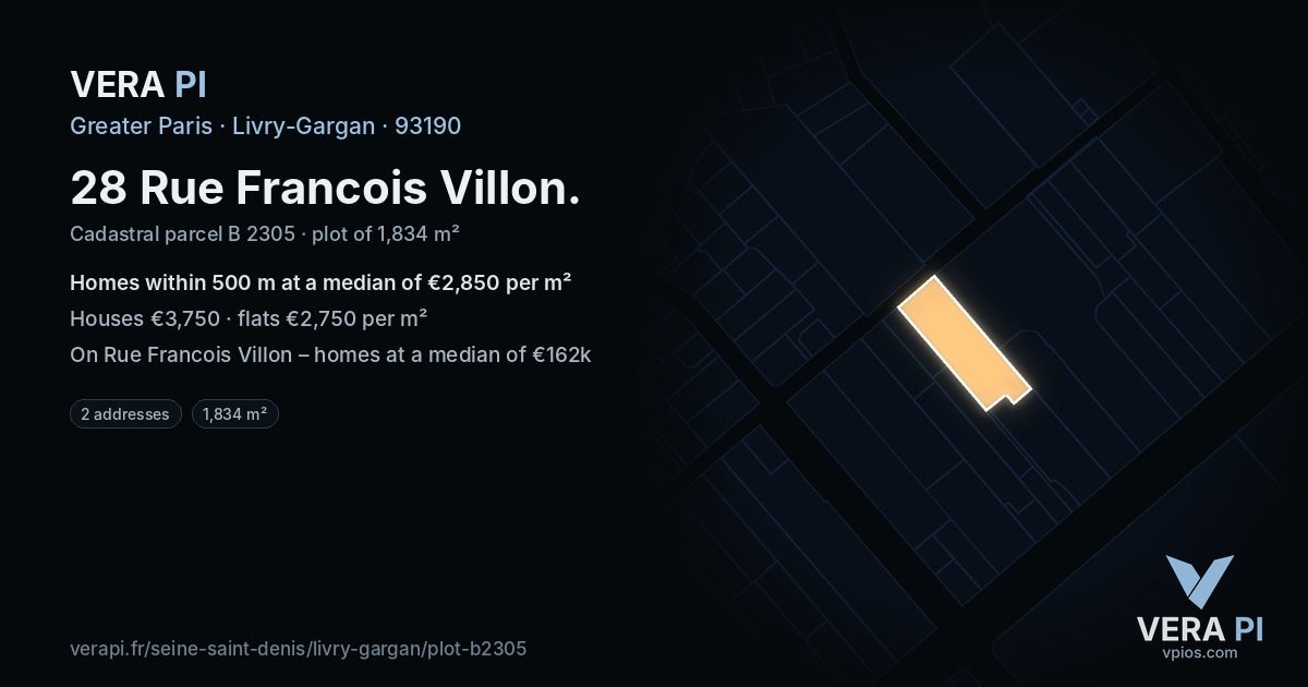 28 Rue Francois Villon, Livry-Gargan at night – the plot lit, the parcels around coloured by the prices near them