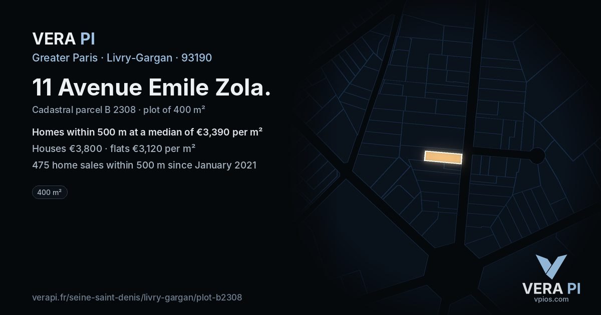 11 Avenue Emile Zola, Livry-Gargan at night – the plot lit, the parcels around coloured by the prices near them