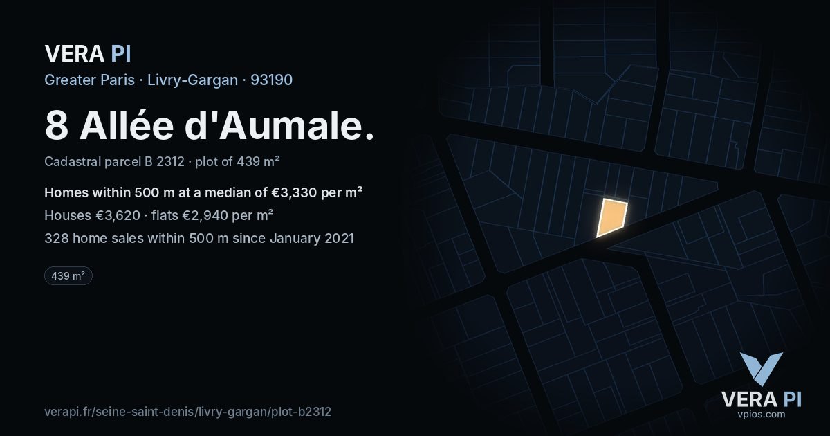8 Allée d'Aumale, Livry-Gargan at night – the plot lit, the parcels around coloured by the prices near them