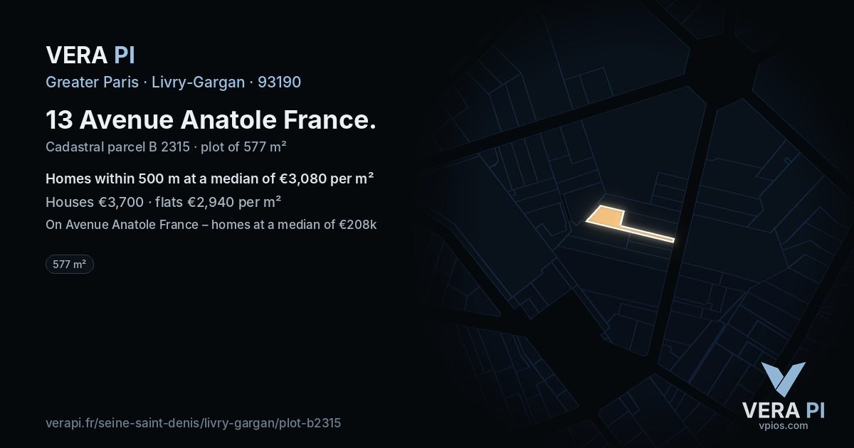 13 Avenue Anatole France, Livry-Gargan at night – the plot lit, the parcels around coloured by the prices near them