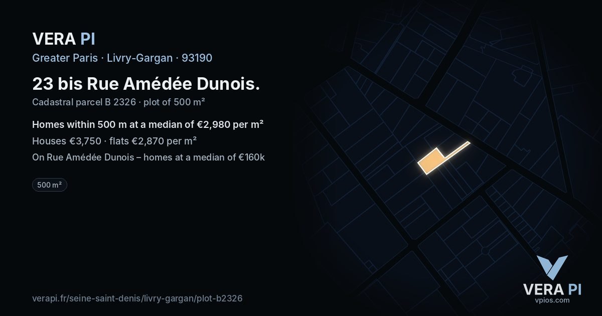23 bis Rue Amédée Dunois, Livry-Gargan at night – the plot lit, the parcels around coloured by the prices near them