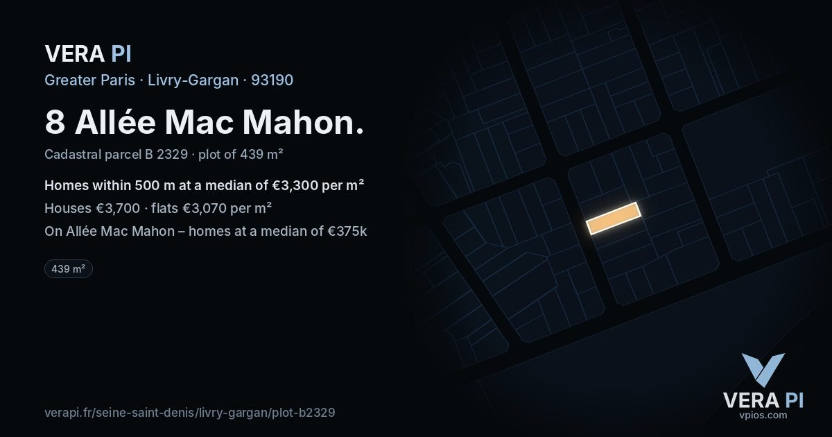 8 Allée Mac Mahon, Livry-Gargan at night – the plot lit, the parcels around coloured by the prices near them
