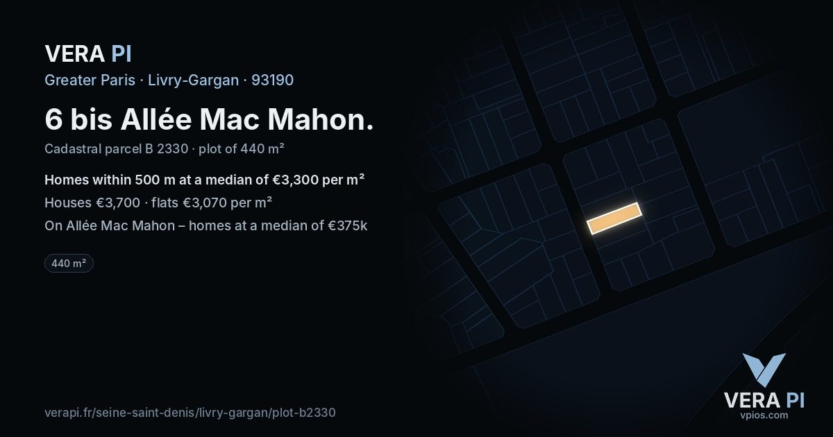 6 bis Allée Mac Mahon, Livry-Gargan at night – the plot lit, the parcels around coloured by the prices near them