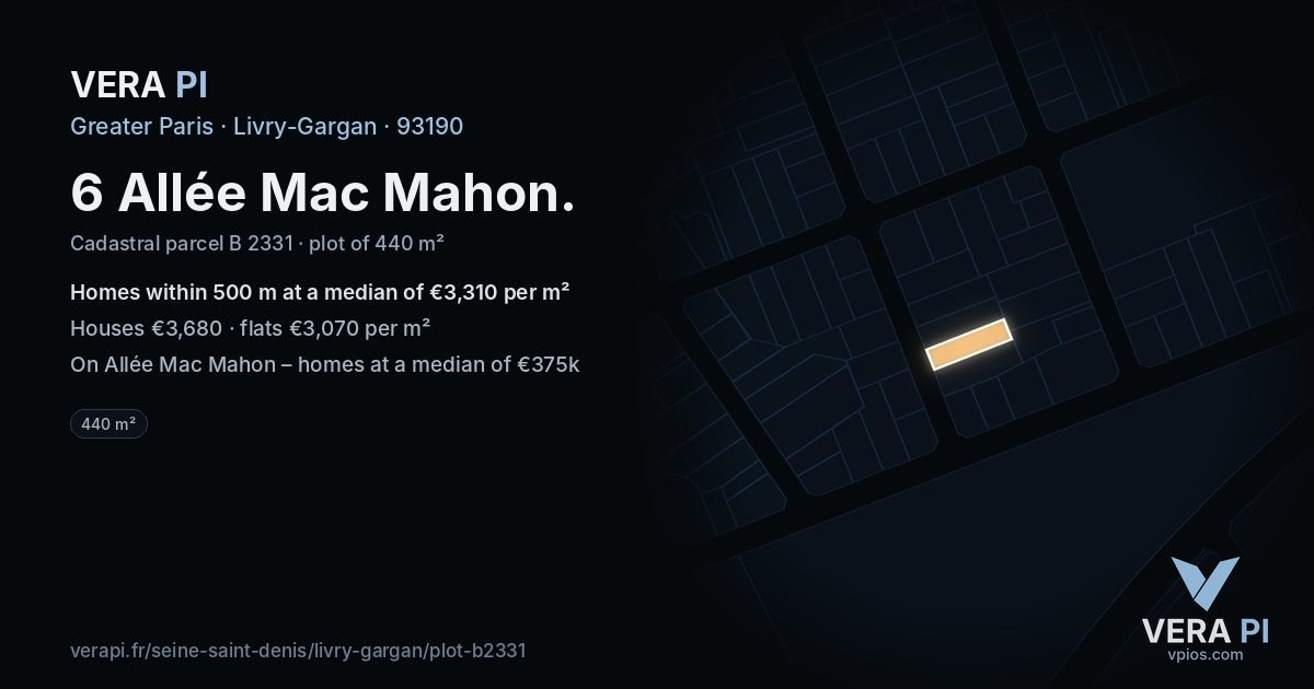 6 Allée Mac Mahon, Livry-Gargan at night – the plot lit, the parcels around coloured by the prices near them