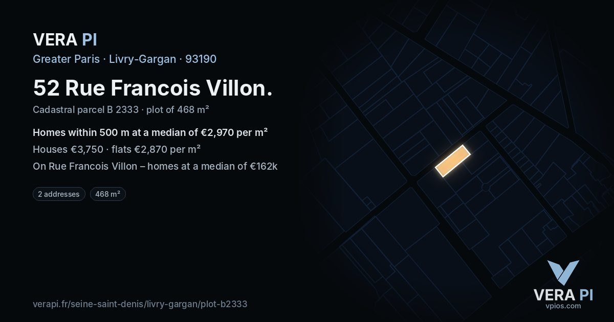 52 Rue Francois Villon, Livry-Gargan at night – the plot lit, the parcels around coloured by the prices near them