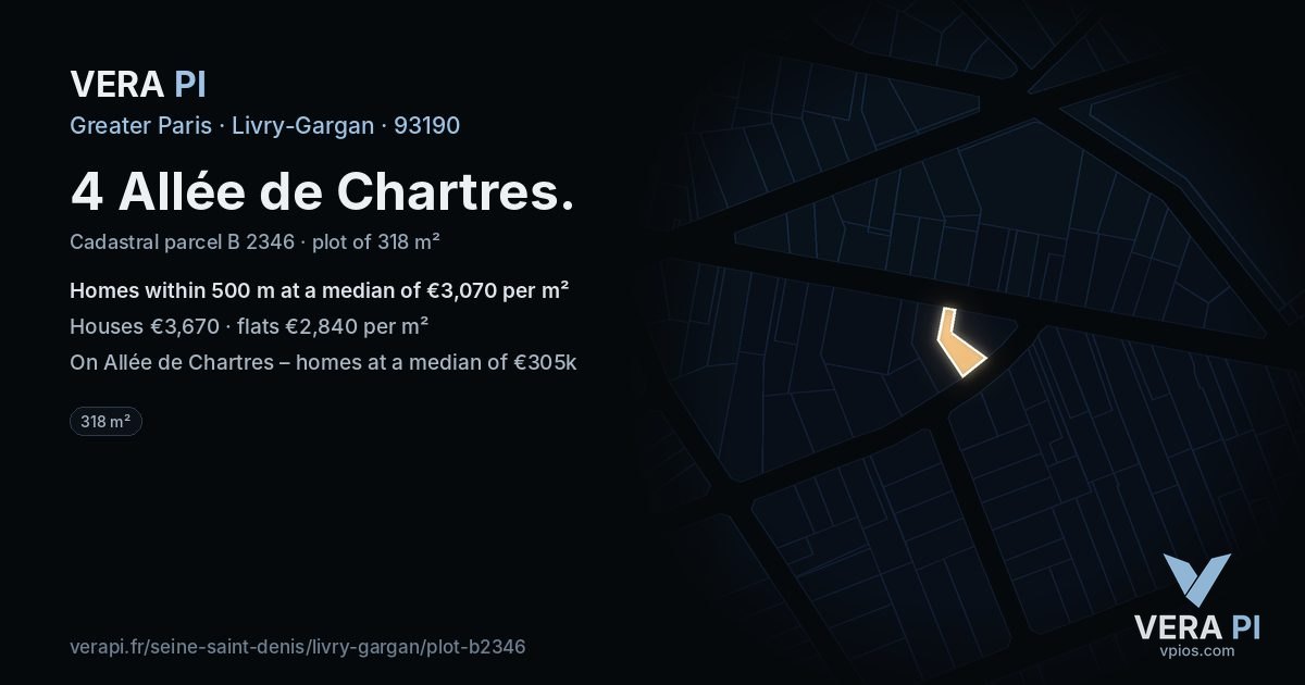 4 Allée de Chartres, Livry-Gargan at night – the plot lit, the parcels around coloured by the prices near them