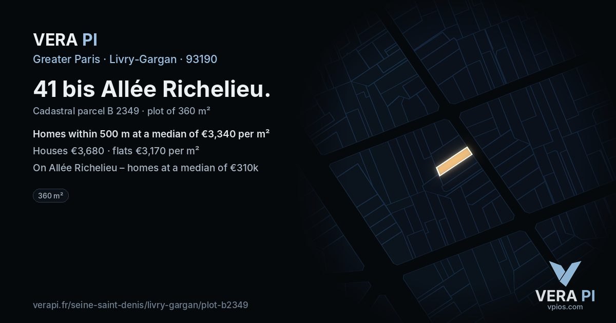 41 bis Allée Richelieu, Livry-Gargan at night – the plot lit, the parcels around coloured by the prices near them