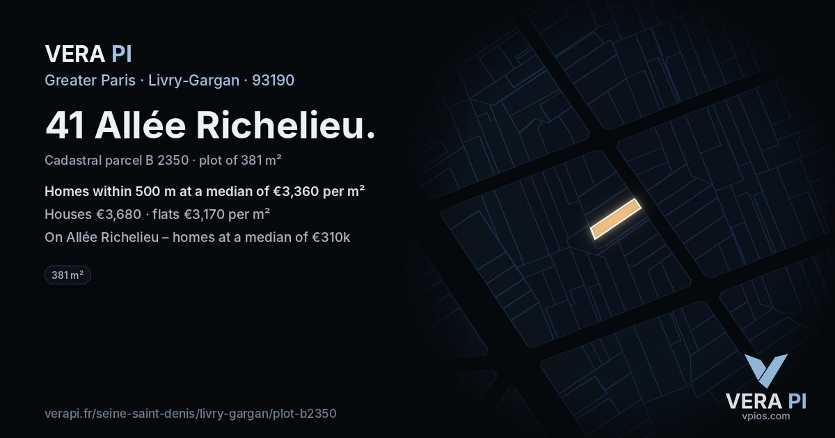 41 Allée Richelieu, Livry-Gargan at night – the plot lit, the parcels around coloured by the prices near them
