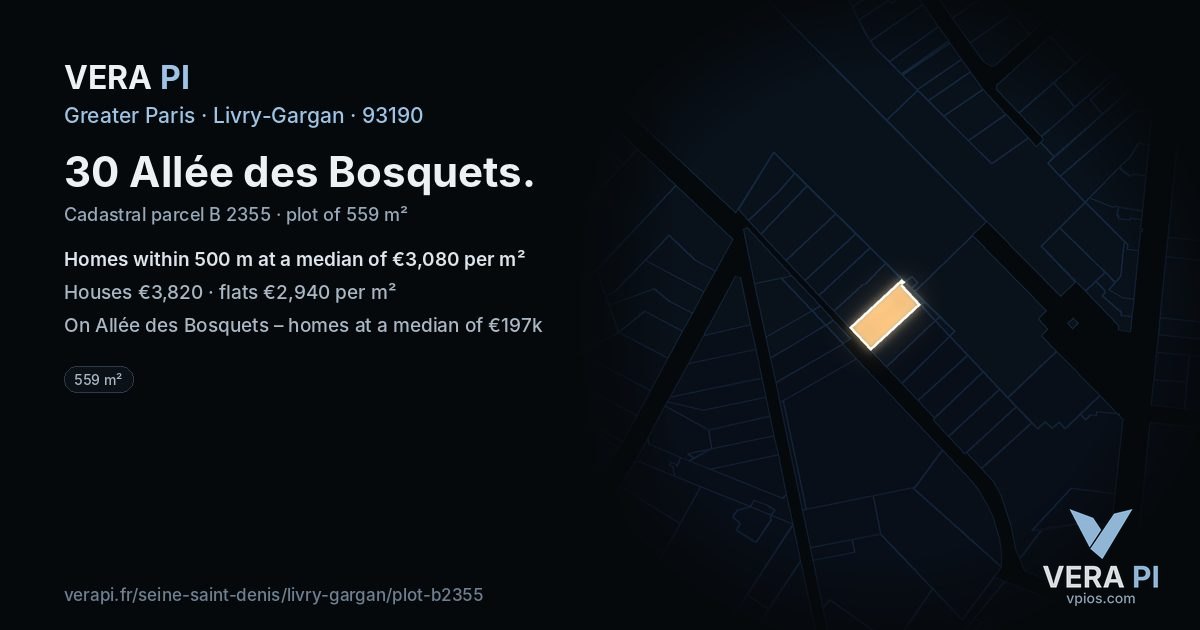 30 Allée des Bosquets, Livry-Gargan at night – the plot lit, the parcels around coloured by the prices near them