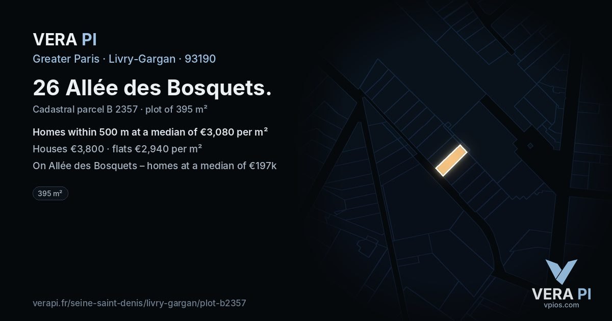 26 Allée des Bosquets, Livry-Gargan at night – the plot lit, the parcels around coloured by the prices near them