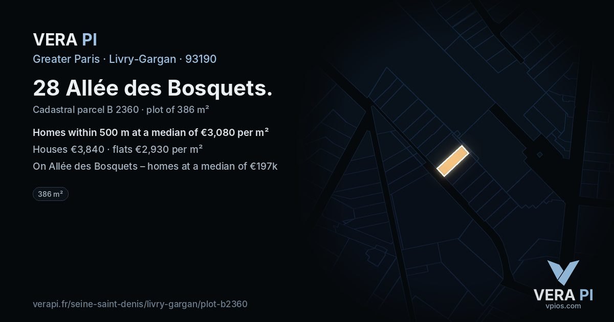 28 Allée des Bosquets, Livry-Gargan at night – the plot lit, the parcels around coloured by the prices near them