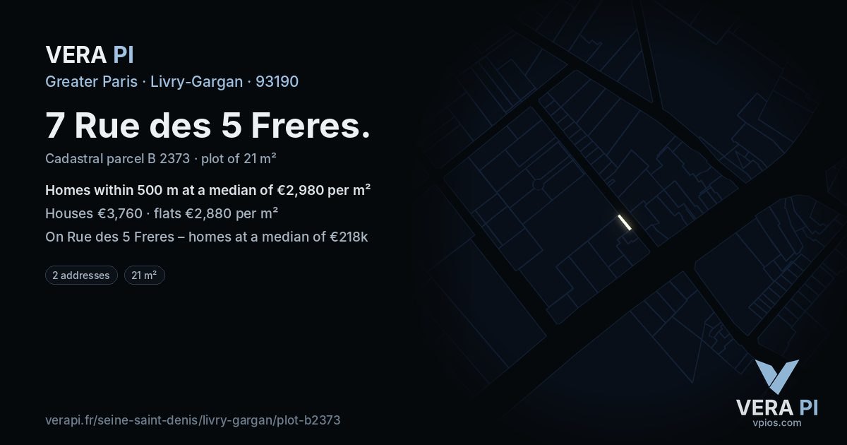 7 Rue des 5 Freres, Livry-Gargan at night – the plot lit, the parcels around coloured by the prices near them
