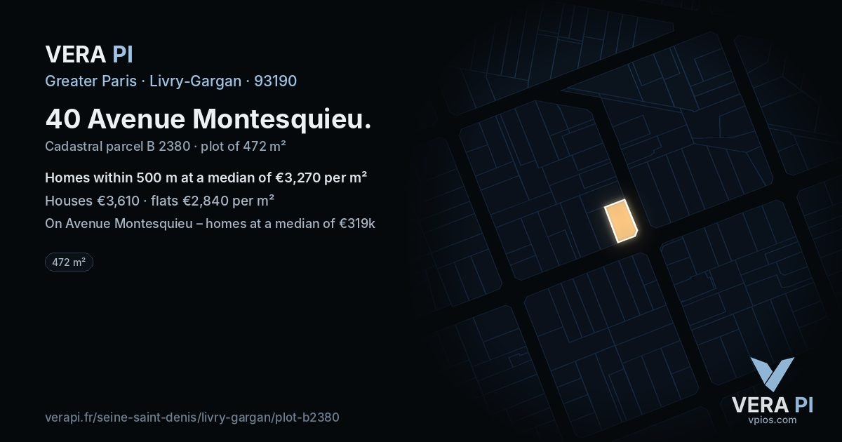 40 Avenue Montesquieu, Livry-Gargan at night – the plot lit, the parcels around coloured by the prices near them