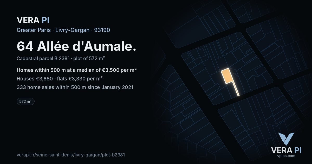 64 Allée d'Aumale, Livry-Gargan at night – the plot lit, the parcels around coloured by the prices near them