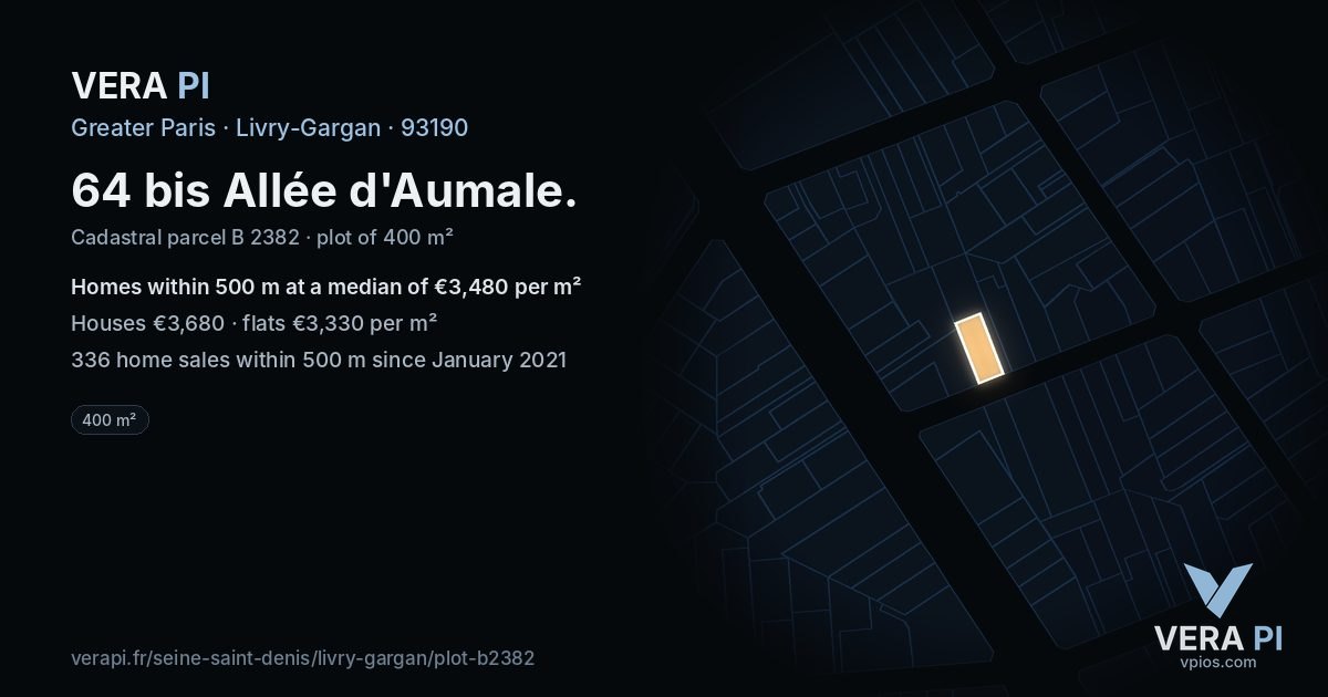 64 bis Allée d'Aumale, Livry-Gargan at night – the plot lit, the parcels around coloured by the prices near them