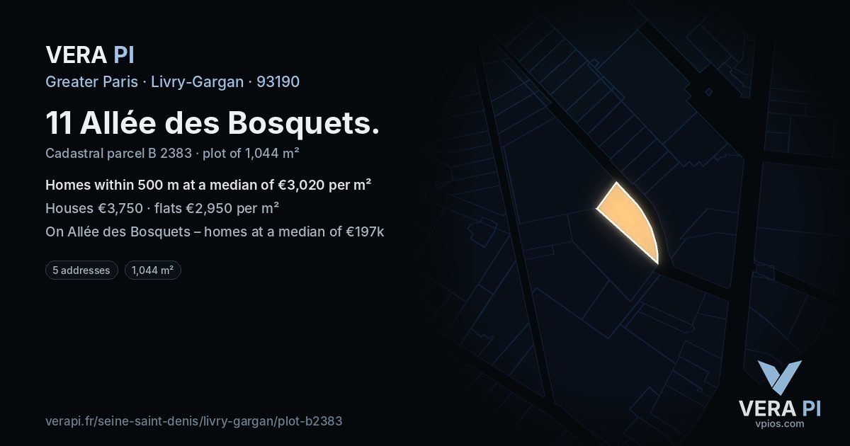 11 Allée des Bosquets, Livry-Gargan at night – the plot lit, the parcels around coloured by the prices near them
