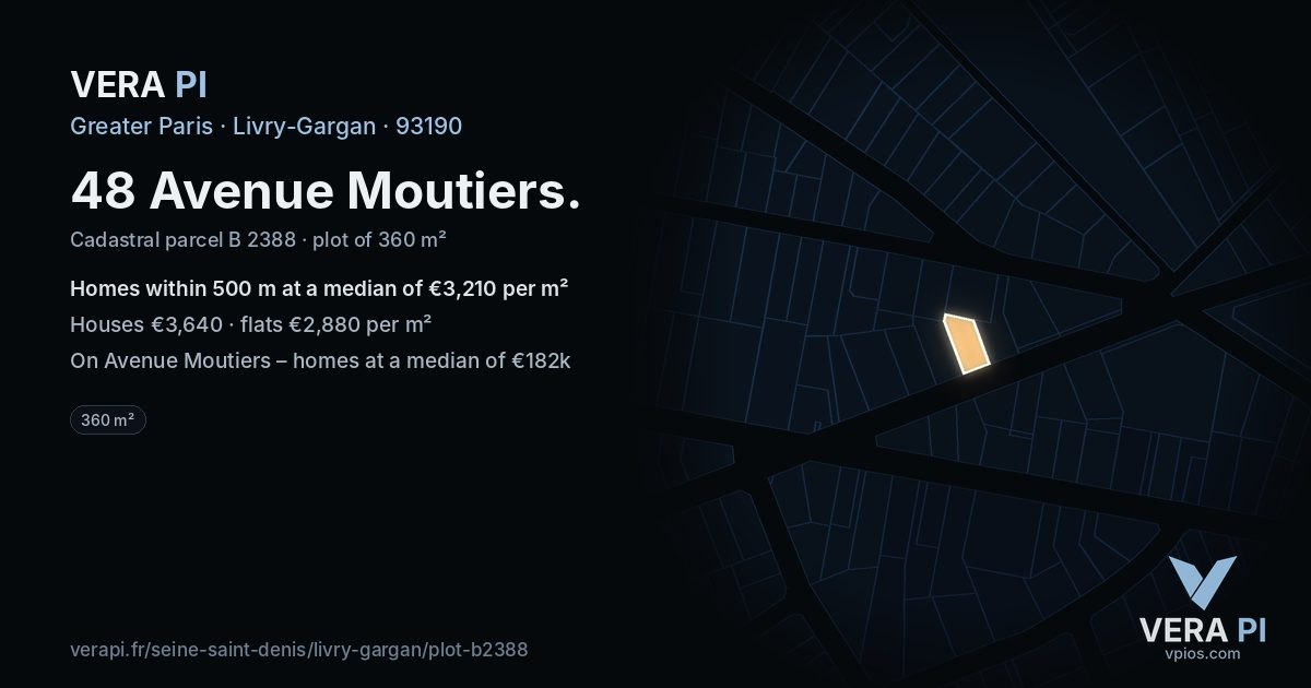48 Avenue Moutiers, Livry-Gargan at night – the plot lit, the parcels around coloured by the prices near them
