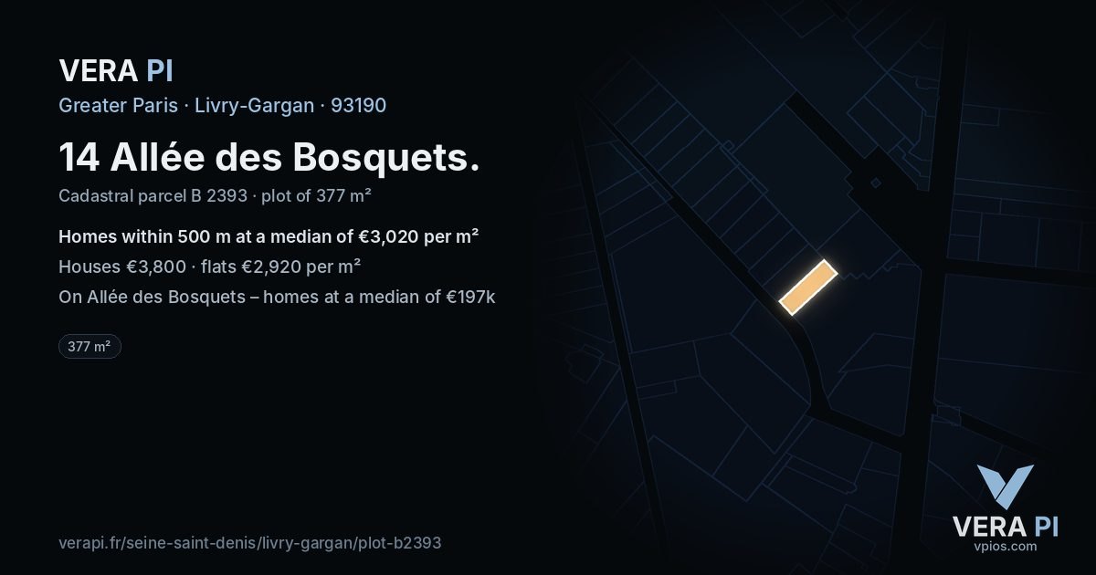 14 Allée des Bosquets, Livry-Gargan at night – the plot lit, the parcels around coloured by the prices near them