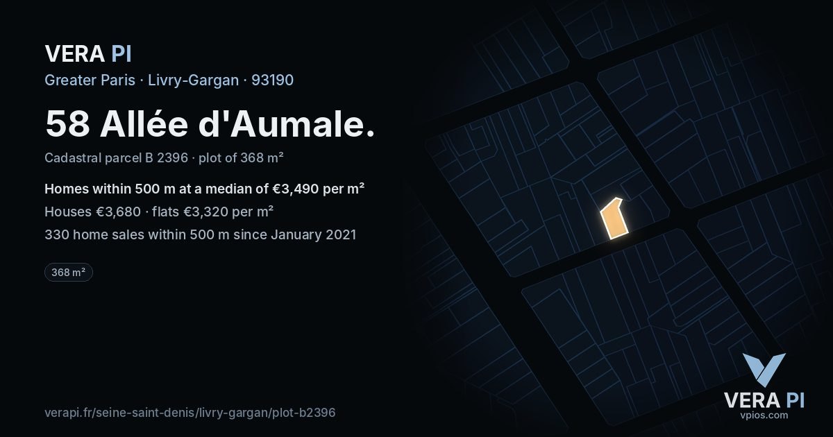 58 Allée d'Aumale, Livry-Gargan at night – the plot lit, the parcels around coloured by the prices near them