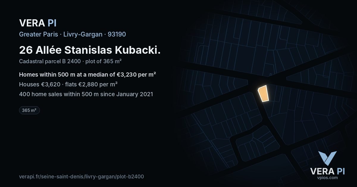 26 Allée Stanislas Kubacki, Livry-Gargan at night – the plot lit, the parcels around coloured by the prices near them