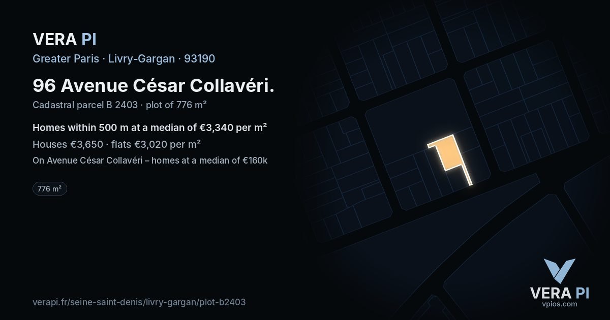 96 Avenue César Collavéri, Livry-Gargan at night – the plot lit, the parcels around coloured by the prices near them