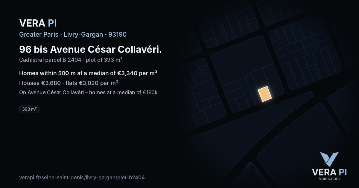 96 bis Avenue César Collavéri, Livry-Gargan at night – the plot lit, the parcels around coloured by the prices near them