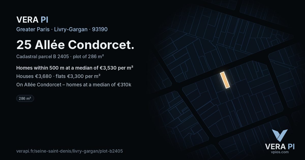 25 Allée Condorcet, Livry-Gargan at night – the plot lit, the parcels around coloured by the prices near them