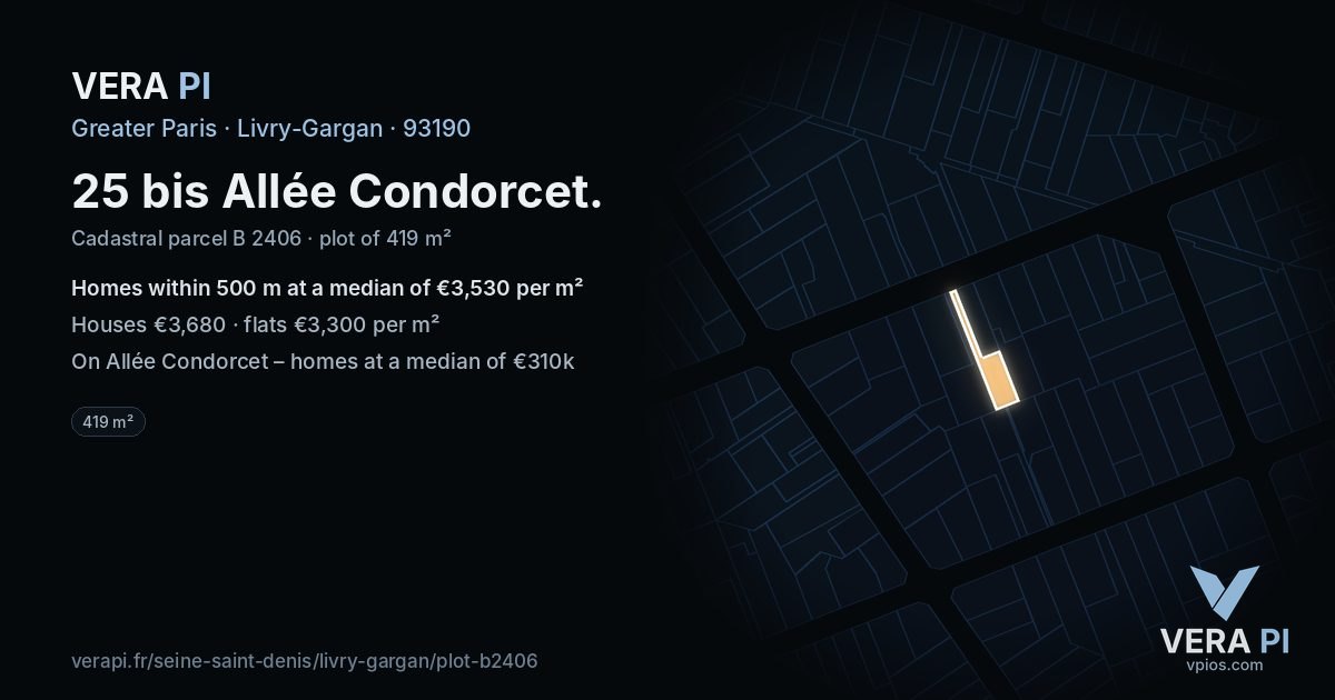 25 bis Allée Condorcet, Livry-Gargan at night – the plot lit, the parcels around coloured by the prices near them