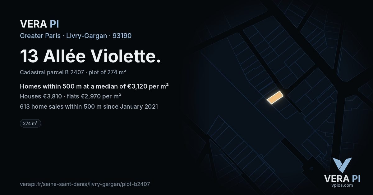13 Allée Violette, Livry-Gargan at night – the plot lit, the parcels around coloured by the prices near them