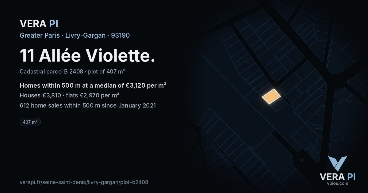 11 Allée Violette, Livry-Gargan at night – the plot lit, the parcels around coloured by the prices near them