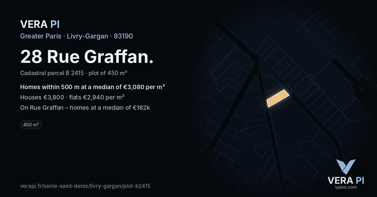 28 Rue Graffan, Livry-Gargan at night – the plot lit, the parcels around coloured by the prices near them