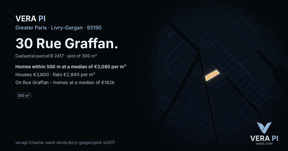 30 Rue Graffan, Livry-Gargan at night – the plot lit, the parcels around coloured by the prices near them