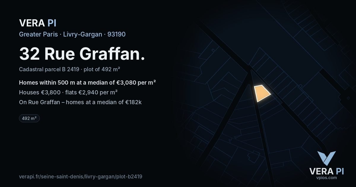 32 Rue Graffan, Livry-Gargan at night – the plot lit, the parcels around coloured by the prices near them
