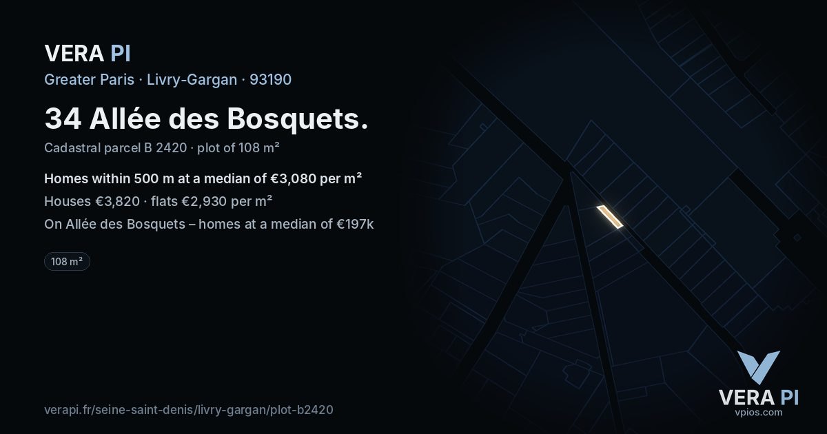34 Allée des Bosquets, Livry-Gargan at night – the plot lit, the parcels around coloured by the prices near them