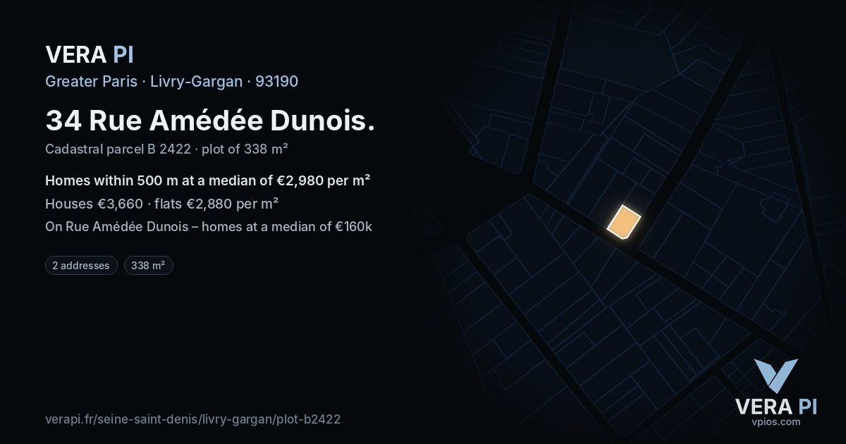 34 Rue Amédée Dunois, Livry-Gargan at night – the plot lit, the parcels around coloured by the prices near them