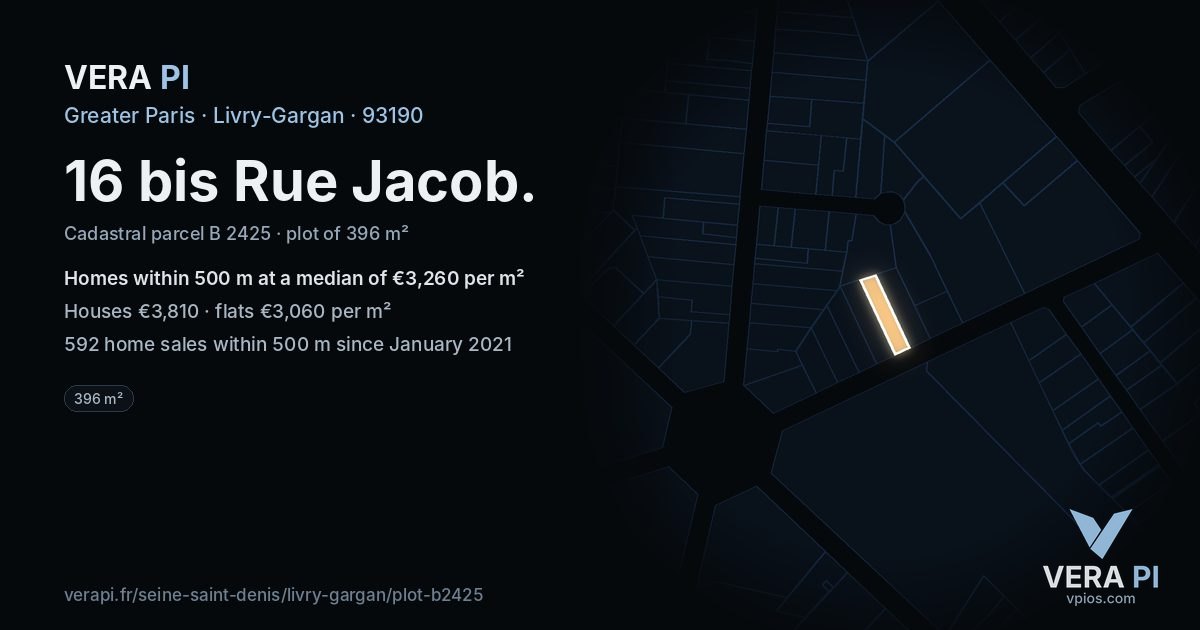 16 bis Rue Jacob, Livry-Gargan at night – the plot lit, the parcels around coloured by the prices near them