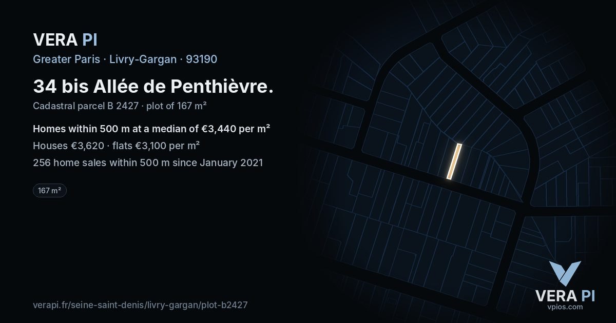 34 bis Allée de Penthièvre, Livry-Gargan at night – the plot lit, the parcels around coloured by the prices near them