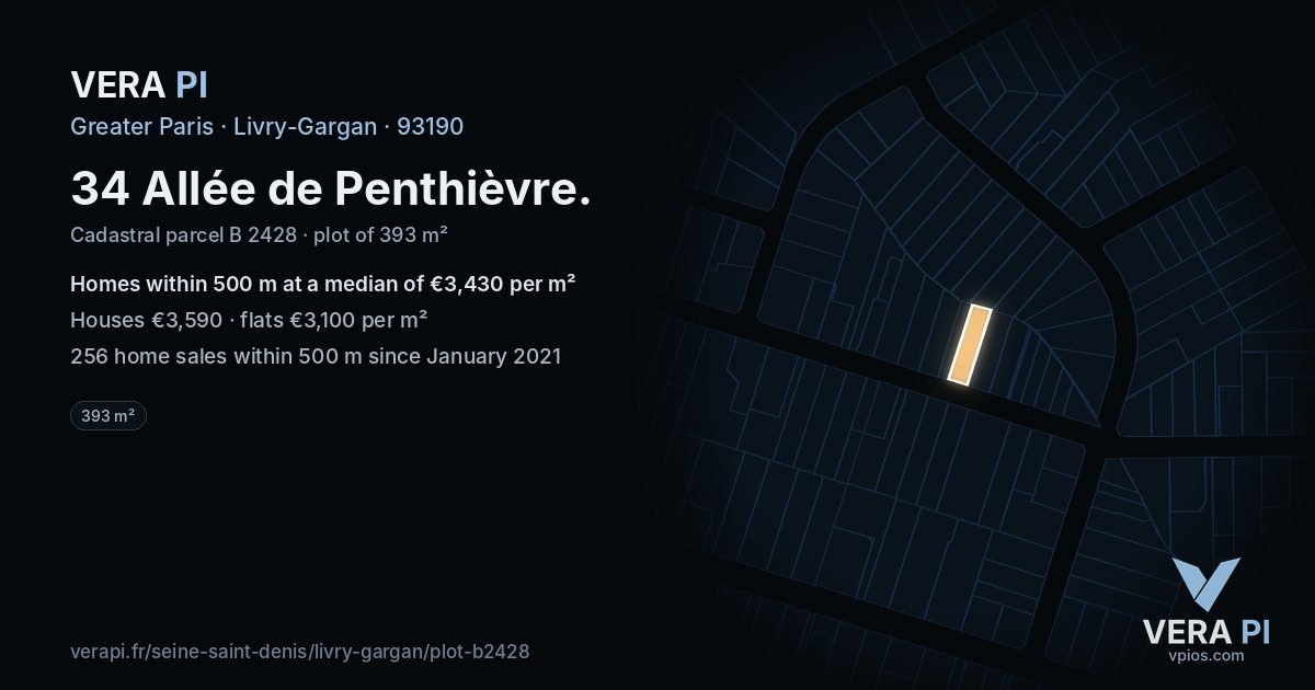 34 Allée de Penthièvre, Livry-Gargan at night – the plot lit, the parcels around coloured by the prices near them