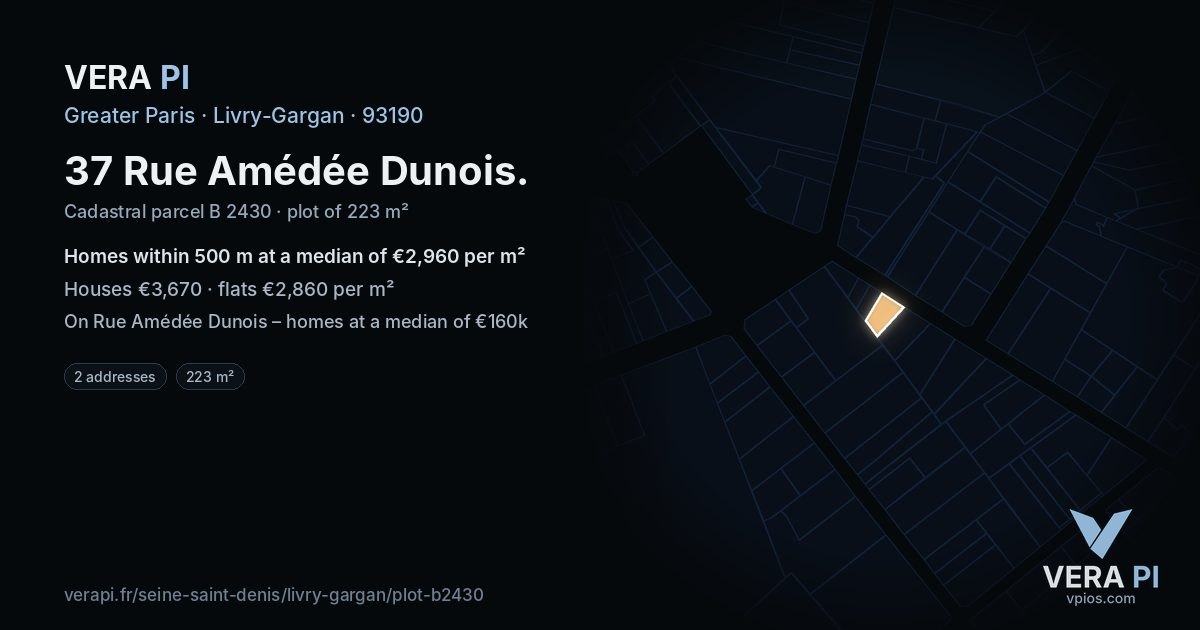 37 Rue Amédée Dunois, Livry-Gargan at night – the plot lit, the parcels around coloured by the prices near them