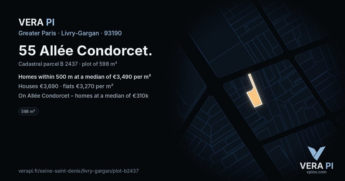 55 Allée Condorcet, Livry-Gargan at night – the plot lit, the parcels around coloured by the prices near them