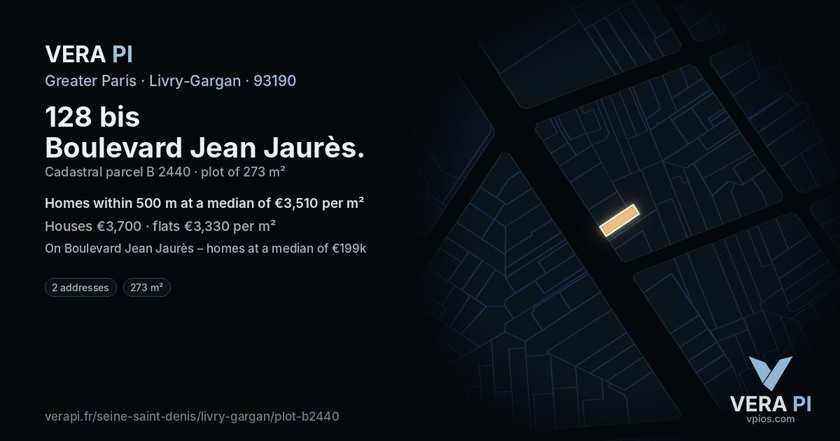 128 bis Boulevard Jean Jaurès, Livry-Gargan at night – the plot lit, the parcels around coloured by the prices near them