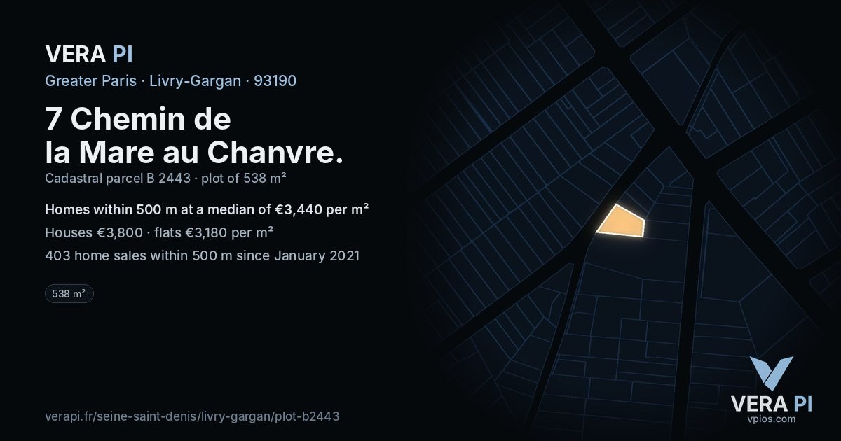 7 Chemin de la Mare au Chanvre, Livry-Gargan at night – the plot lit, the parcels around coloured by the prices near them